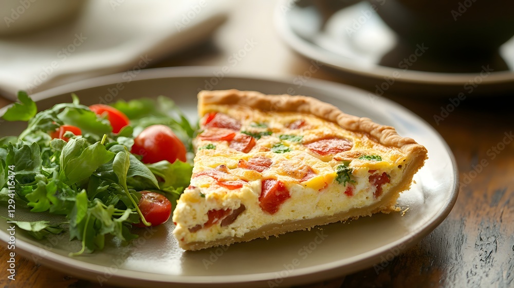 A breakfast setup featuring a quiche slice, a cup of coffee, and fresh greens on a wooden table. A breakfast setup featuring a quiche slice, a cup of coffee, and fresh greens on a wooden table.