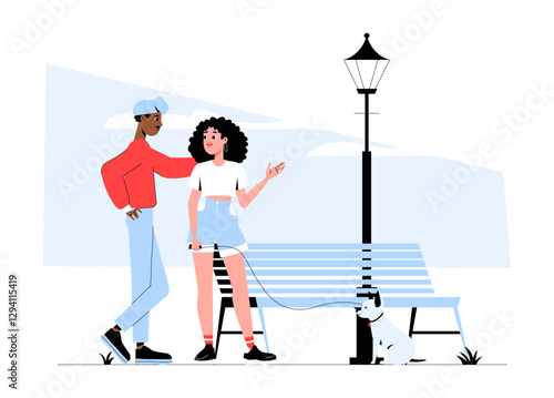 Couple Talking in the Park with Dog in Flat Vector Illustration Symbolizing Socializing, Friendship, and Outdoor Leisure, Isolated on White Background