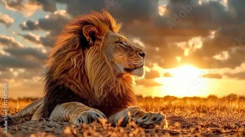 A majestic lion resting calmly during a beautiful sunset