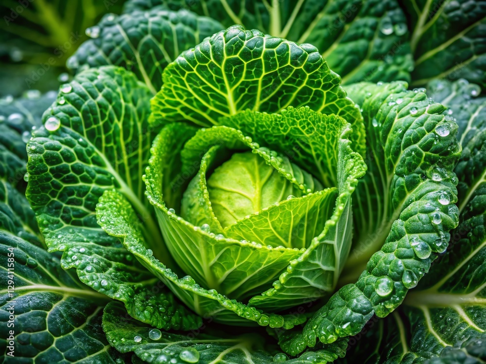 Fototapeta premium Macro Photography: Vibrant Green Cabbage Leaves, Fresh Harvest Detail