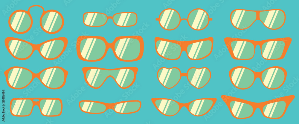 Flat Vector Sunglasses Set. Stylish Summer Eyewear Collection with Various Frames and Colors. Modern Trendy Glasses for Beach, Fashion, and Sun Protection Flat Vector Sunglasses Set. Stylish Summer Eyewear Collection with Various Frames and Colors. Modern Trendy Glasses for Beach, Fashion, and Sun Protection