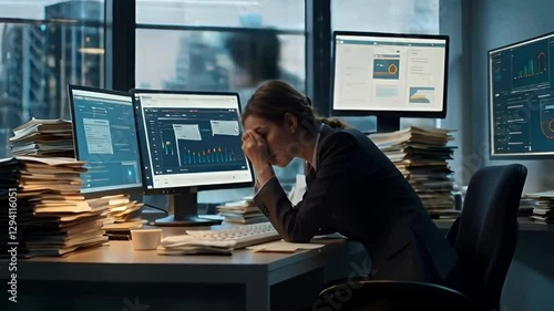 Stressed, exhausted office woman with a worried expression, overwhelmed by paperwork and a businesswoman have to do computer tasks in a high-pressure corporate office environment.