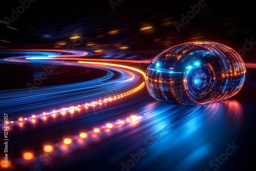 Image generative ai powerful acceleration of futuristic sports supercar on neon night highway track with colorful lights and trails