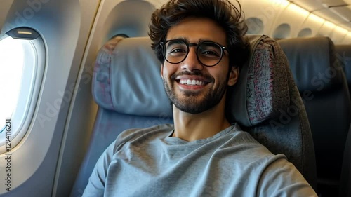 Young man sitting by the window on the plane. Smiling man going on a plane trip.