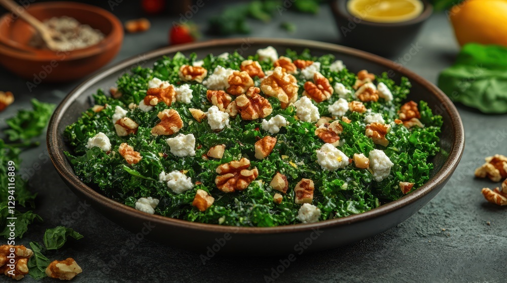 Kale salad with feta, walnuts on kitchen counter, ingredients blurred Kale salad with feta, walnuts on kitchen counter, ingredients blurred