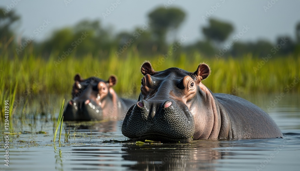 Fototapeta premium Two hippos surfacing in a lush, green wetland, showcasing their massive bodies against a serene backdrop.