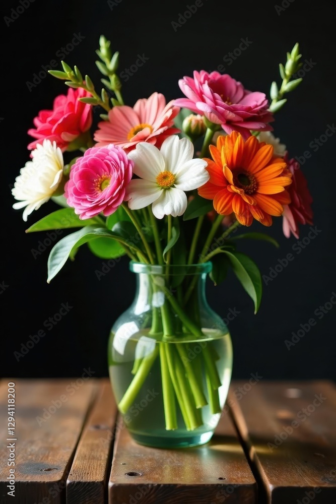 Fototapeta premium Elegant glass vase, vibrant blooms on rustic wooden table, light, design, still life