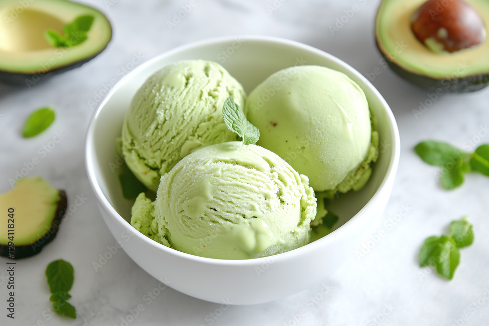 Creamy avocado ice cream served in white bowl, garnished with mint leaves. smooth texture and pale green color create refreshing dessert experience