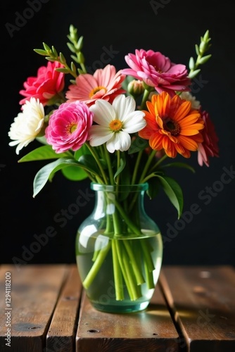 Wallpaper Mural Elegant glass vase, vibrant blooms on rustic wooden table, light, design, still life Torontodigital.ca