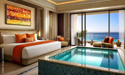 A luxurious hotel room featuring a king-sized bed, vibrant decor, and a private plunge pool, with a stunning ocean view through large glass doors.