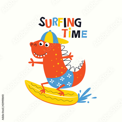 Cute dinosaur surfing time. Vector Illustration for kindergarten background, kids poster decoration, book cover, apparel and others