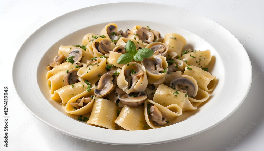 Mouthwatering Pasta with Mushrooms and Fresh Green Garnish on a White Plate Mouthwatering Pasta with Mushrooms and Fresh Green Garnish on a White Plate
