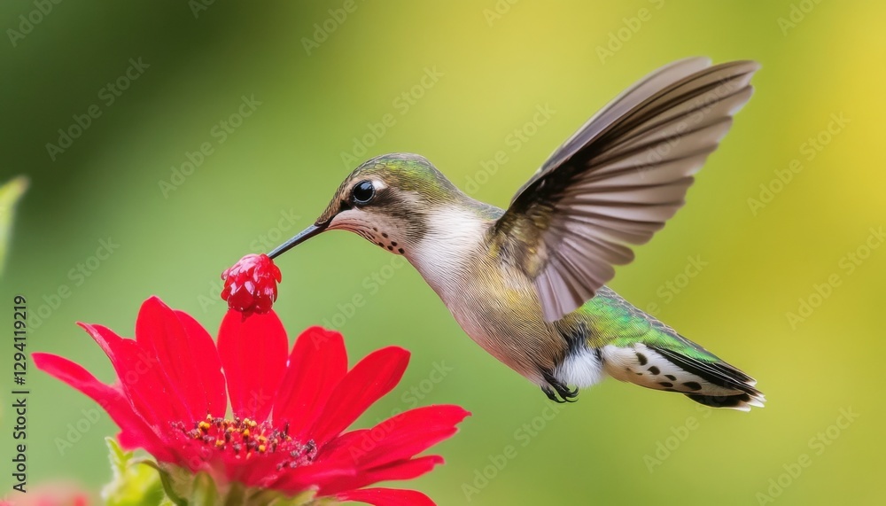 Fototapeta premium A hummingbird hovering near a vibrant red flower, showcasing its iridescent feathers in a natural setting.