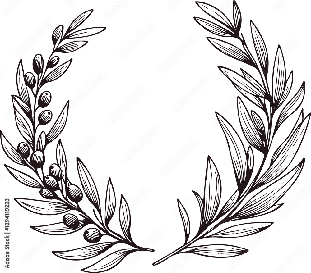 Obraz premium PNG Laurel Motif, floral wreath symbol. A wreath with leaves and a symbol for the winner of the contest. Outline olive branch. Hand drawn black and white line art, Illustration drawing, leaf engraving