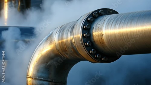 Industrial Pipe with Steam: A close-up shot of a large industrial pipe with a flange joint, releasing steam or vapor into the air, illustrating industry and infrastructure