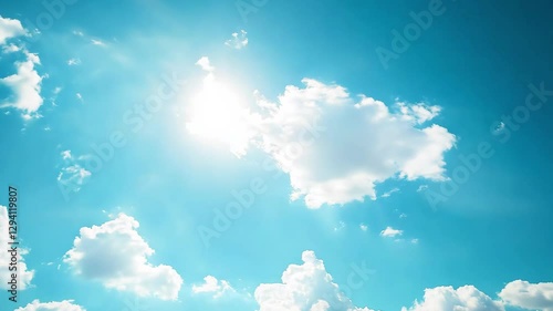 Skyward Gaze: A radiant, azure expanse painted with fluffy white clouds. The sun bursts through, infusing a sense of vastness and freedom