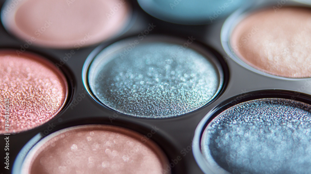 A luxurious eyeshadow palette with vibrant red and blue shades on a polished black surface, soft spotlighting enhancing the hues A luxurious eyeshadow palette with vibrant red and blue shades on a polished black surface, soft spotlighting enhancing the hues