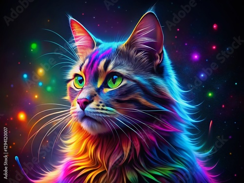 Colorful Rainbow Cat Night Photography - Magical Feline in Neon Lights
