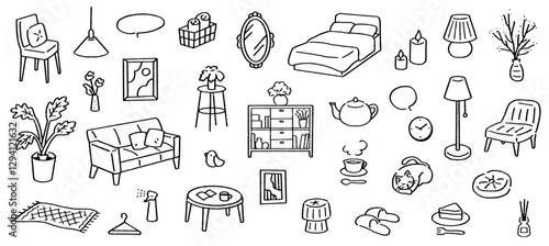 住居にまつわるインテリアの手書きベクターイラスト。ソファやベットなどの家具セット。