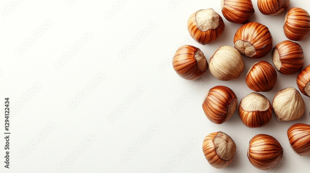 Hazelnuts on white background, top view, food photography Hazelnuts on white background, top view, food photography