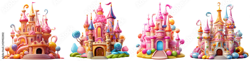 Magical castle with towers and colorful fantasy architecture element set on transparent background Magical castle with towers and colorful fantasy architecture element set on transparent background