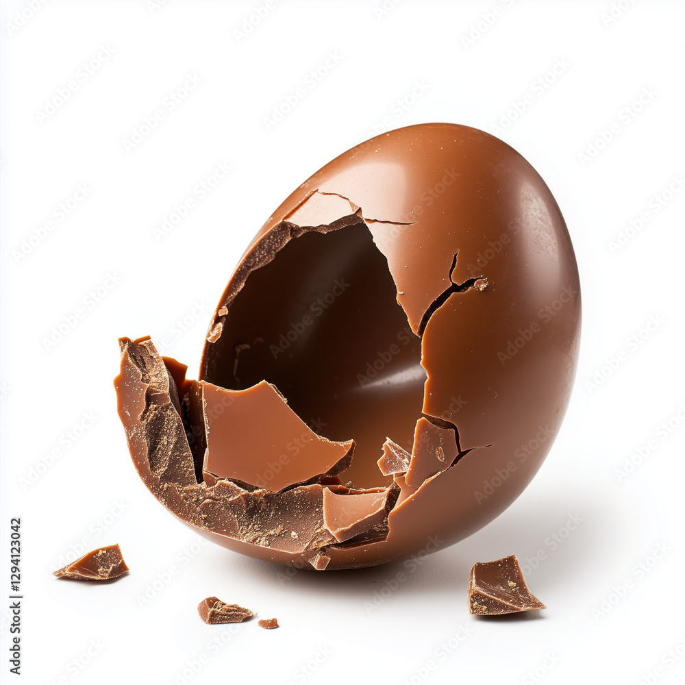 Open broken chocolate Easter egg isolated on white background with clipping path.