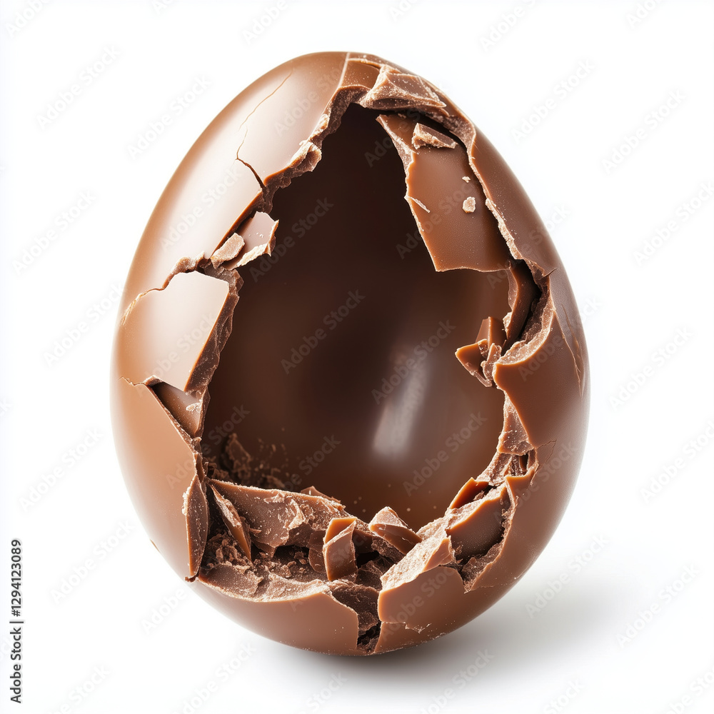Open broken chocolate Easter egg isolated on white background with clipping path.