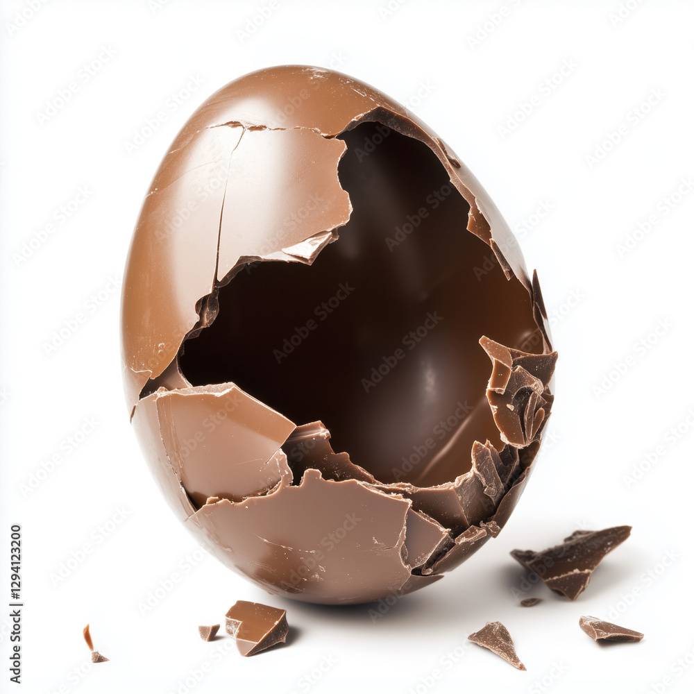 Open broken chocolate Easter egg isolated on white background with clipping path.