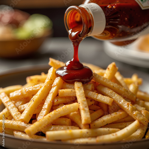 a glass Heinz Ketchup bottle drips ketchup over the pile of French fries forming a small mound at the top of the pile of French fries.