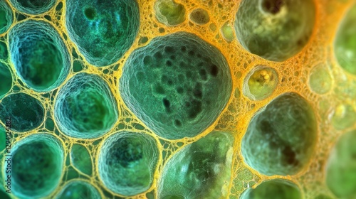 Microscopic view of plant cells, focusing on food and nutrition science. 