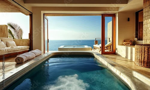 Wallpaper Mural A luxurious indoor hot tub with a stunning ocean view, creating a serene atmosphere for relaxation and leisure. Torontodigital.ca