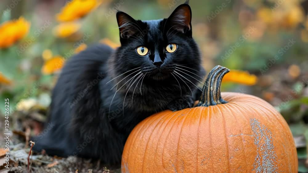Cat and pumpkin. Black cat sitting next to a big pumpkin. Conceptual background of the autumn season. Halloween and Thanksgiving. Cat and pumpkin. Black cat sitting next to a big pumpkin. Conceptual background of the autumn season. Halloween and Thanksgiving.
