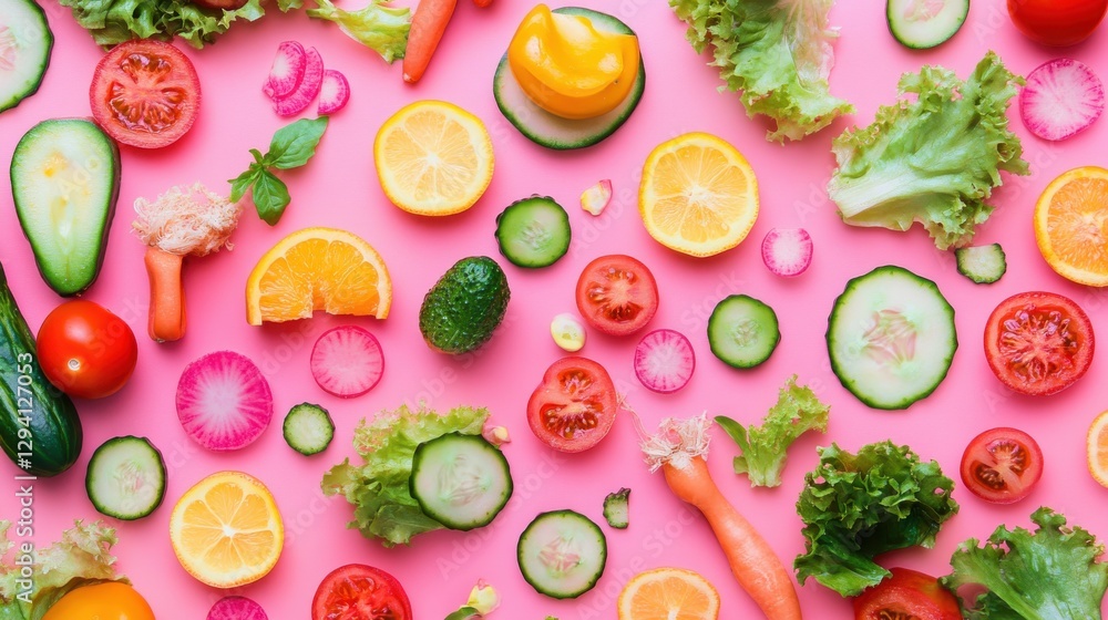 Creative flat lay of colorful salads and ingredient Creative flat lay of colorful salads and ingredient