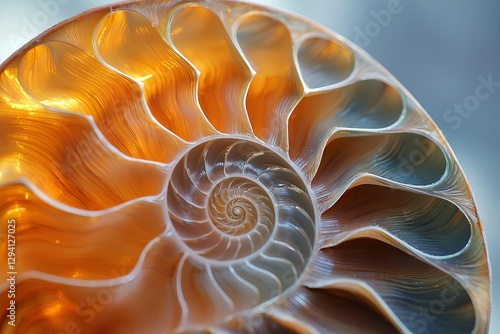 close view nautilus shell section revealing a logarithmic spiral , isolated on white background,  , copy space for text,