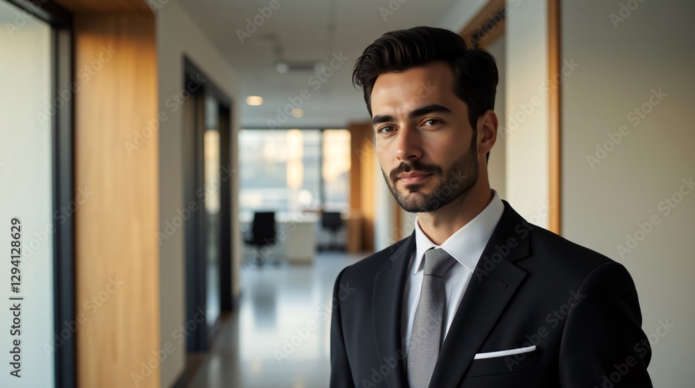 Fototapeta premium Sharp Dressed Man: Executive Confidence in a Modern Office Setting.