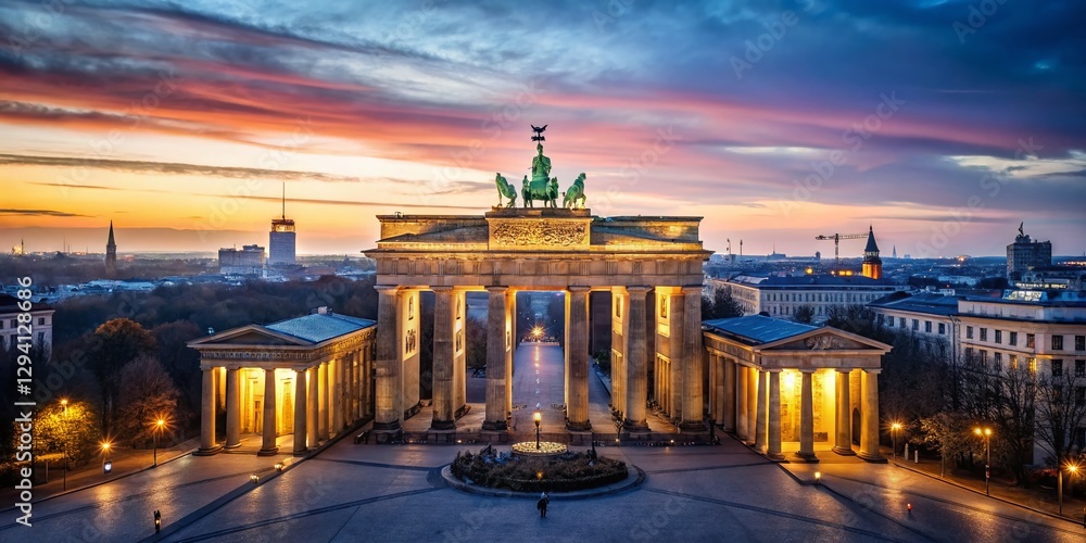 Naklejka premium Majestic Brandenburg Gate, Berlin, Aerial Drone View at Sunset