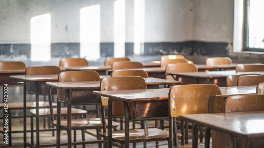 Wooden desks and chairs in an old classroom Wooden desks and chairs in an old classroom
