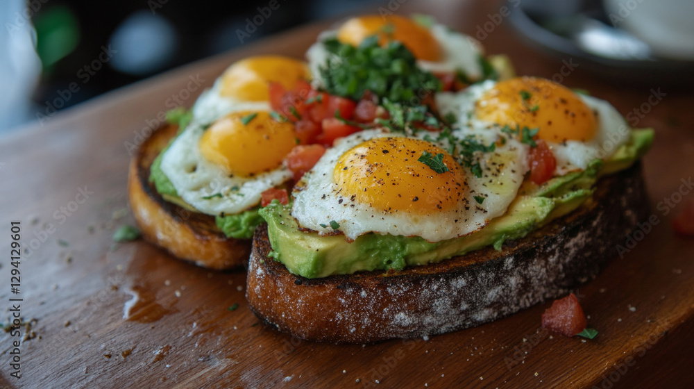 Delicious avocado toast topped with fried eggs and fresh herbs served on a rustic wooden table at a cozy cafe Delicious avocado toast topped with fried eggs and fresh herbs served on a rustic wooden table at a cozy cafe