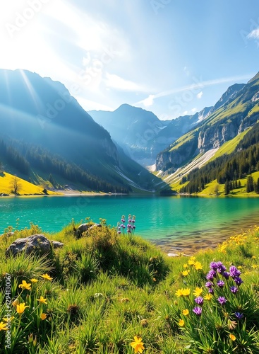 an image of a lake surrounded by mountains and flowers, there is a lake in the middle of a mountain with flowers in the foreground photo