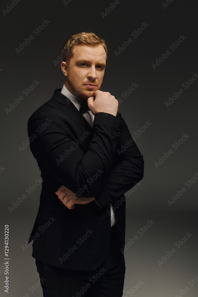 Handsome man poses confidently in elegant tuxedo during studio photoshoot session Handsome man poses confidently in elegant tuxedo during studio photoshoot session