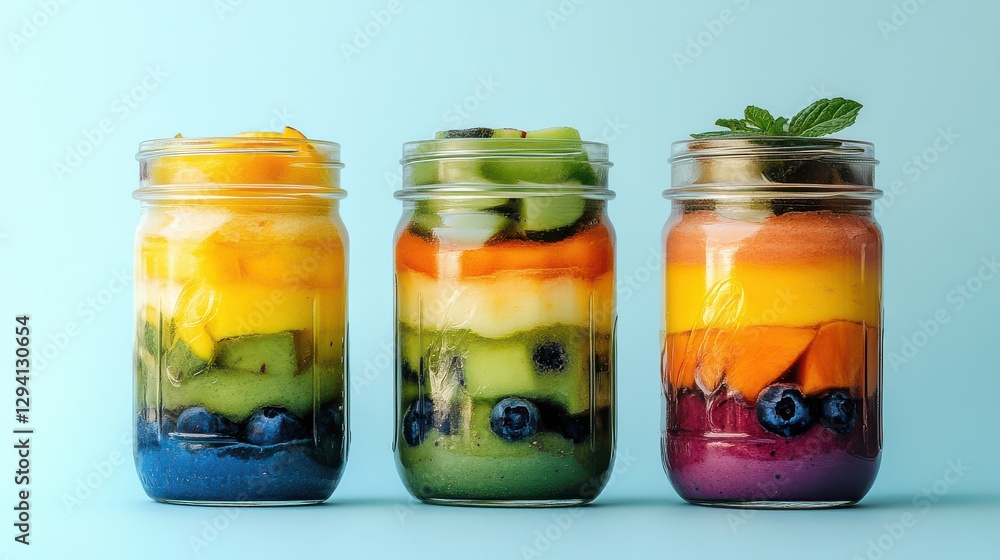 Creative smoothie jars with vibrant fruit blends Creative smoothie jars with vibrant fruit blends