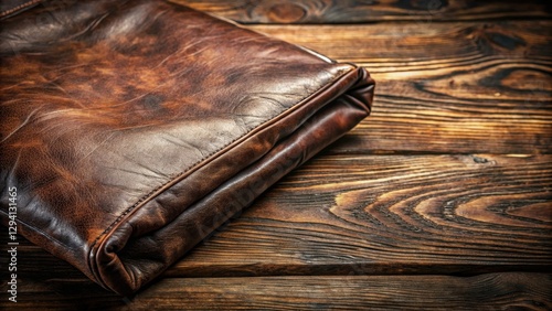 Rustic Brown Leather Bag on Rustic Wooden Table Surface photo