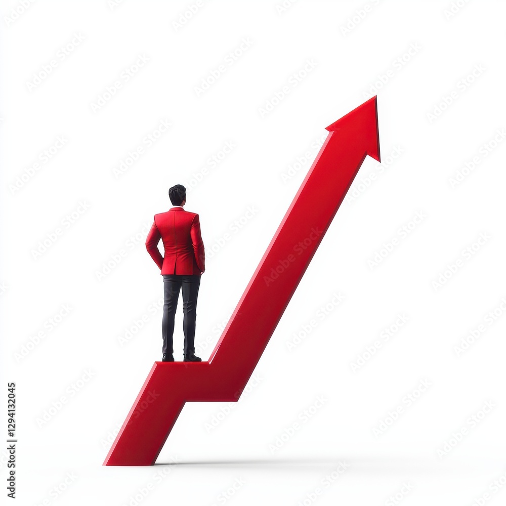 A businessman in a red suit stands tall, looking at a rising arrow, symbolizing growth, success, and upward trends in business. A businessman in a red suit stands tall, looking at a rising arrow, symbolizing growth, success, and upward trends in business.