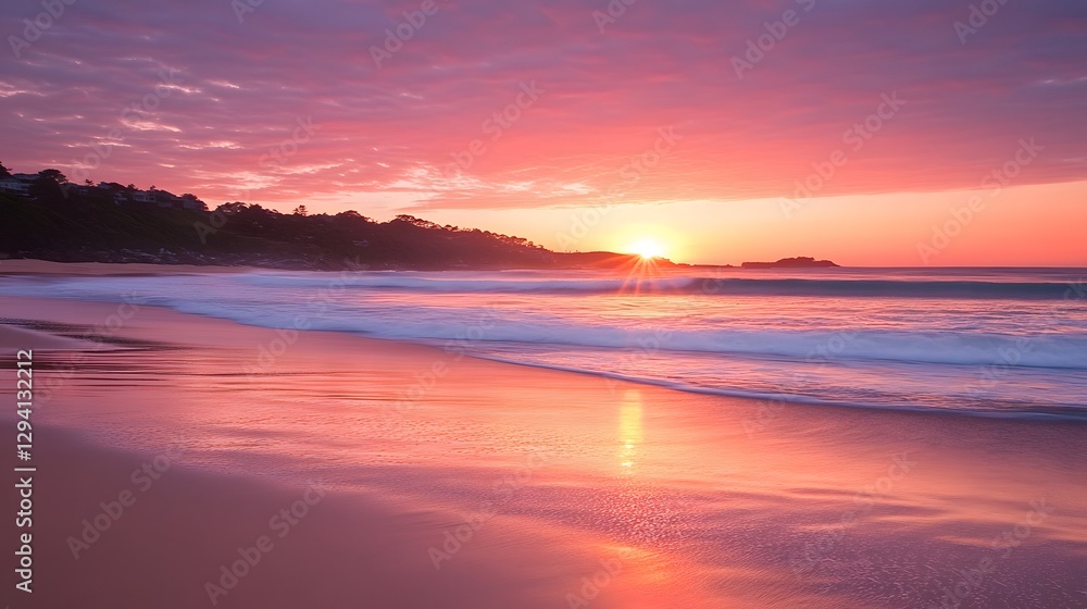 Stunning Pink Sunset over Ocean Beach Coastal Landscape Panorama Stunning Pink Sunset over Ocean Beach Coastal Landscape Panorama
