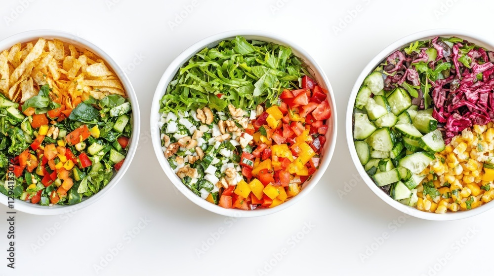 Creative Arrangement of Vibrant Salads on White Background Creative Arrangement of Vibrant Salads on White Background