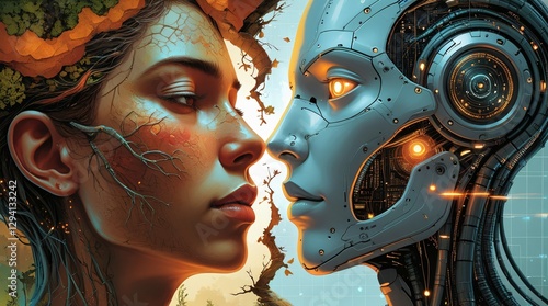 Futuristic concept of a conflict and war between human consciousness and artificial intelligence. Deep emotions and organic atmosphere. Fusion of biology, science, and technology.