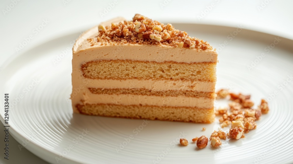 A slice of Spanish praline cake covered in velvety caramel buttercream, with a dusting of crushed praline. A slice of Spanish praline cake covered in velvety caramel buttercream, with a dusting of crushed praline.