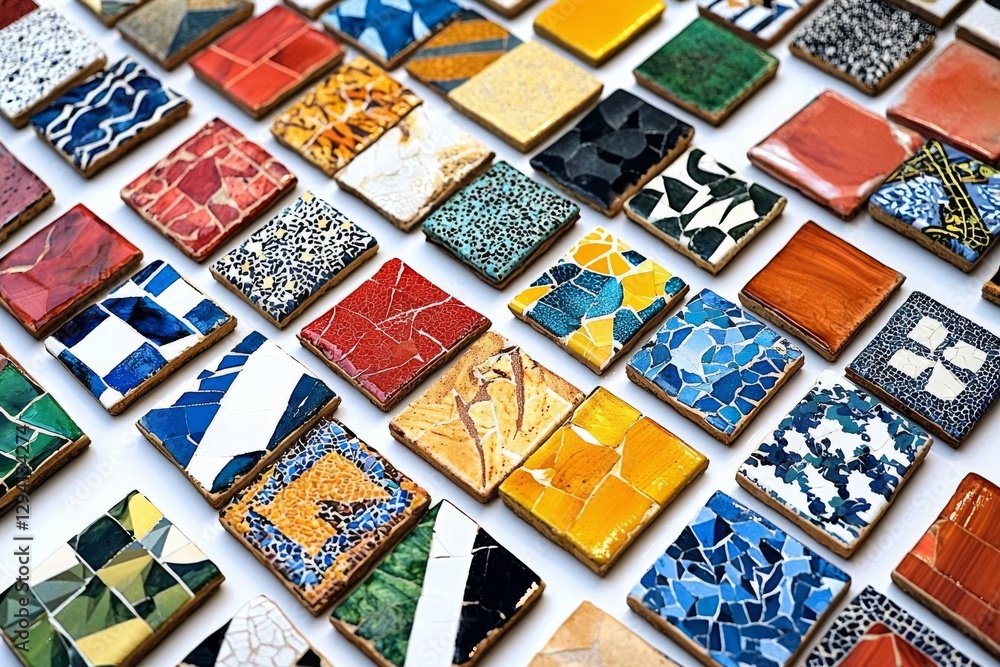 Obraz premium Mosaic detail in Guell park in Barcelona , isolated on white background, , copy space for text,