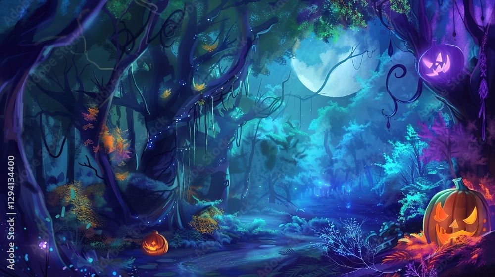 Enchanted Halloween Magic Forest at Night, Spooky Dark Woods with Glowing Pumpkins, Witchy Moonlit Scene, Mystical Background for Party Invitations, Digital Art Enchanted Halloween Magic Forest at Night, Spooky Dark Woods with Glowing Pumpkins, Witchy Moonlit Scene, Mystical Background for Party Invitations, Digital Art