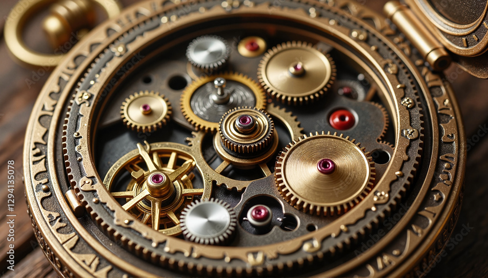 Intricate steampunk pocket watch showcasing exposed gears, time symbolism Intricate steampunk pocket watch showcasing exposed gears, time symbolism